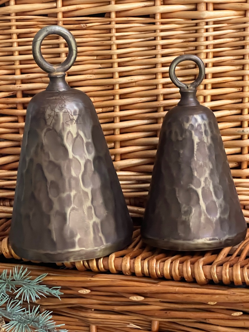 Pottery Barn Hammered Metal Antique Decorative Bells in Bronze Tone - Set of 2